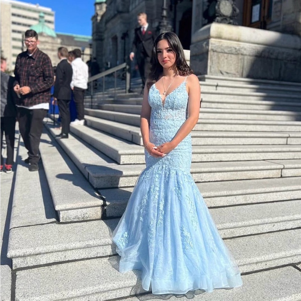 Elegant Blue Lace Evening Gown